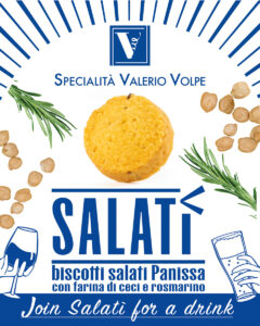 Etichetta Salatì Panissa - Vaschetta 180g. Biscotti Salati gusto Farinata Ligure Specialità Valerio Volpe